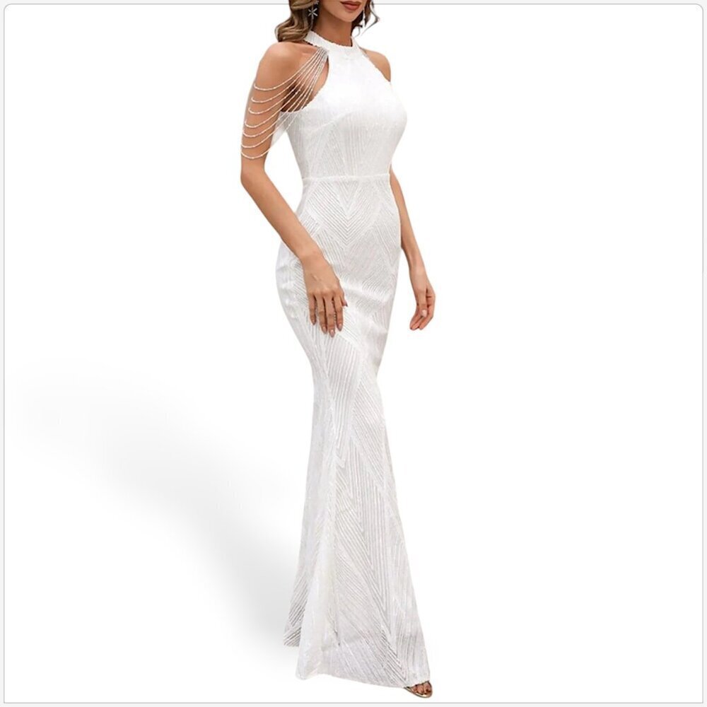 Elegant White Maxi Dress with Beaded Shoulder Chains - Picture 2 of 6